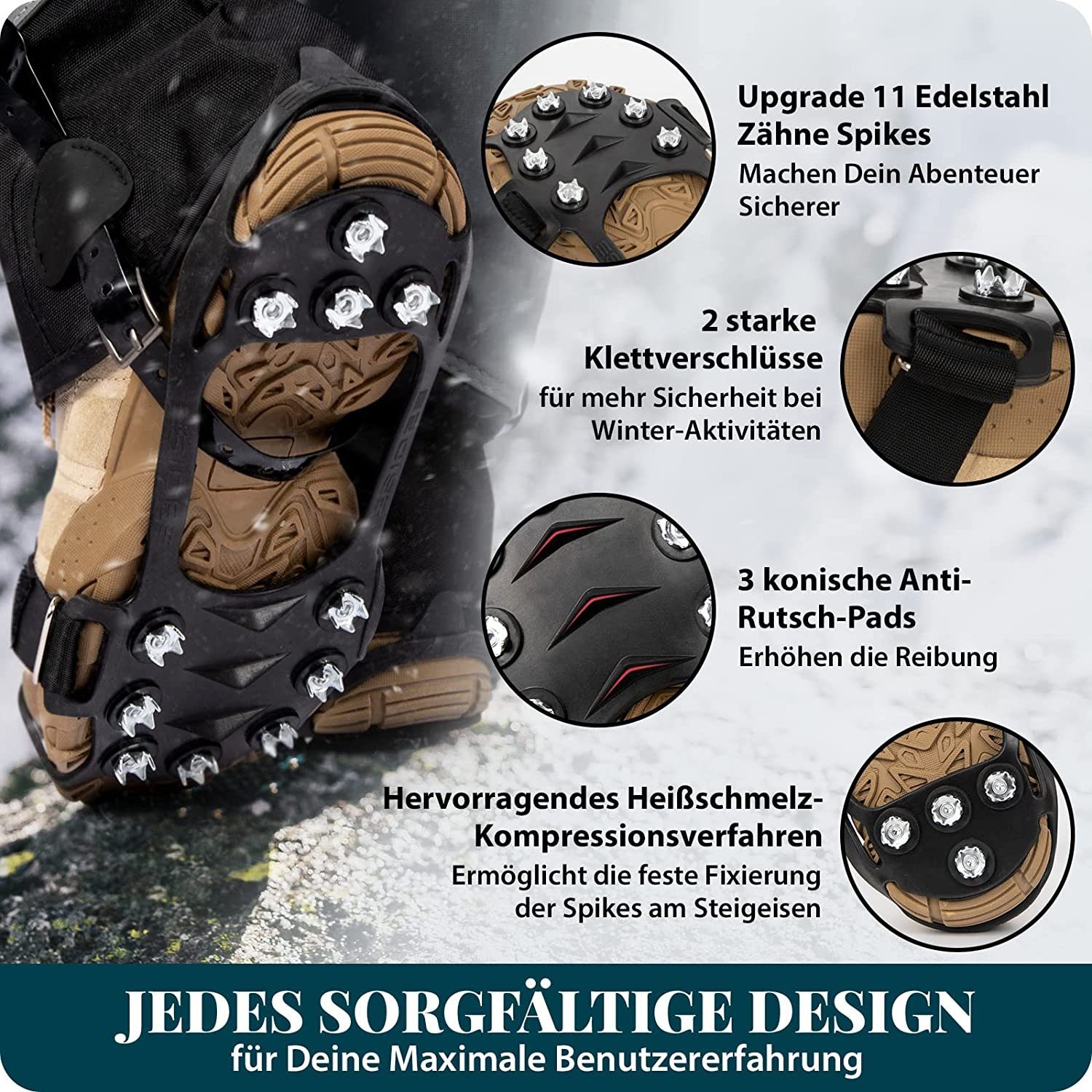 GelldG Steigeisen Steigeisen für Bergschuhe, Schuhkrallen mit 11 Edelstahl Zähne Spikes
