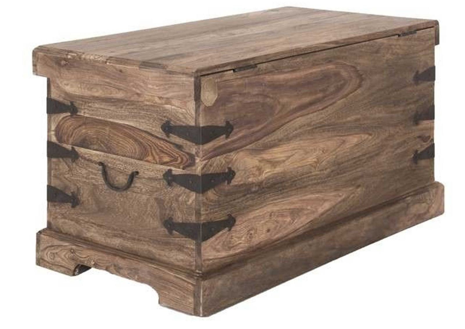 Massivmoebel24 Truhe LEEDS (Holztruhe, Holzkiste mit Deckel, Aufbewahrungstruhe für Stauraum aus Massivholz, Truhe im typischem Landhausstil mit einem Fach, in grau geölt 90x47x50 Sheesham montiert), Mexico-Stil;Landhaus-Stil;authentische Holzadern;a