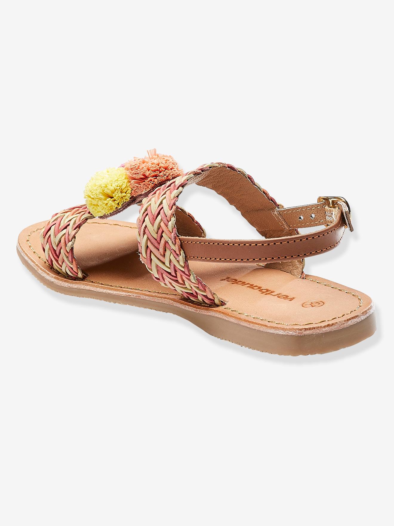 Sandales en cuir fille avec pompons rose
