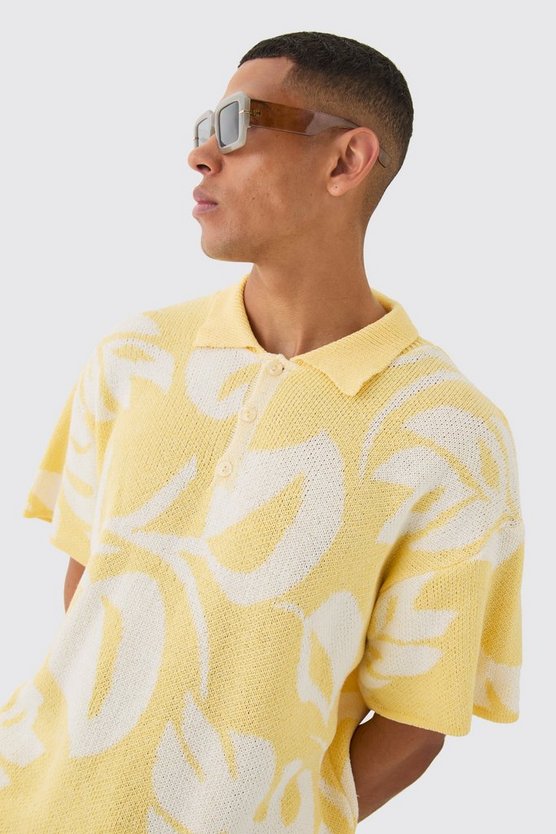 Oversized Boxy Tonal Jacquard Floral Knit Polo