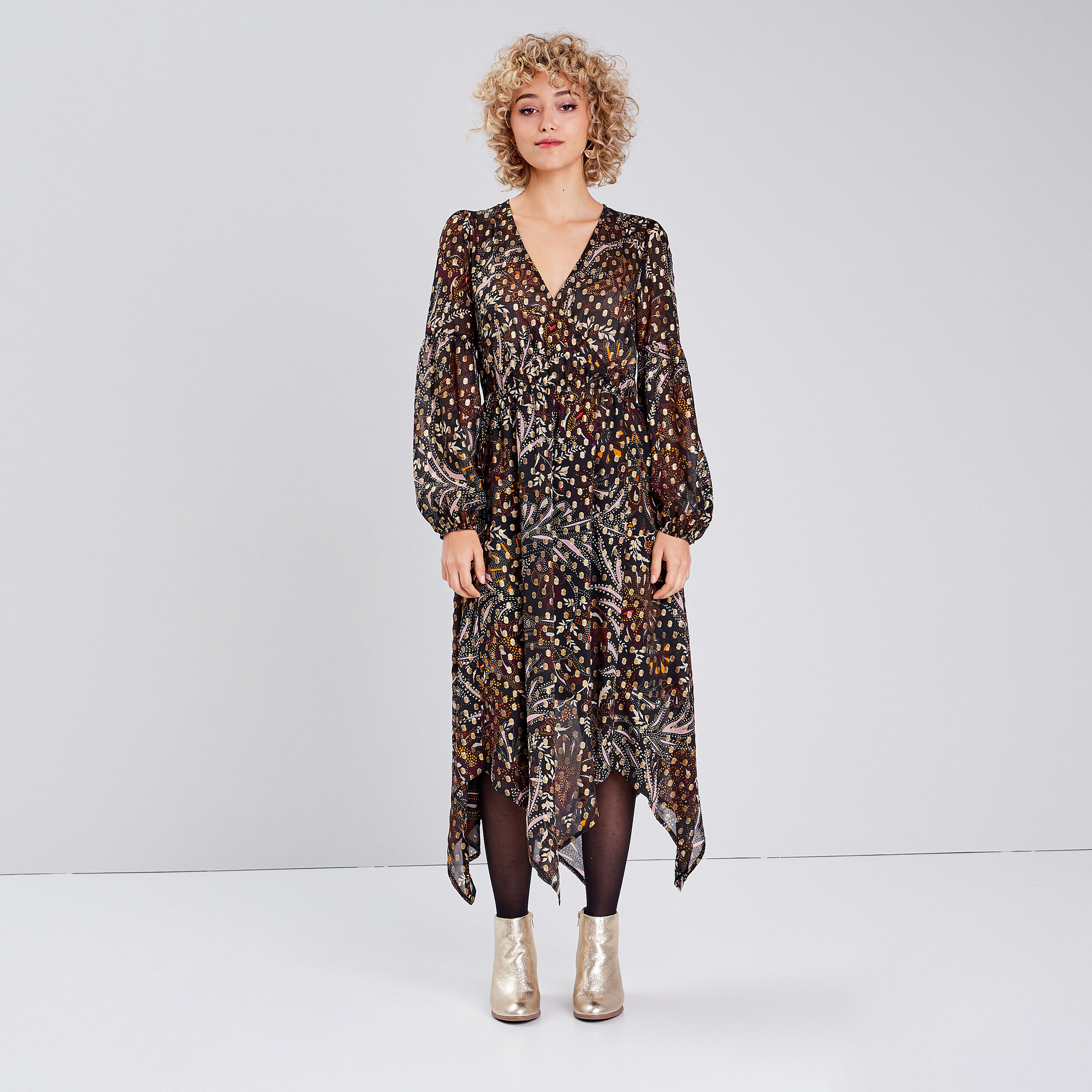 Robe longue évasée asymétrique noir femme | Cache Cache