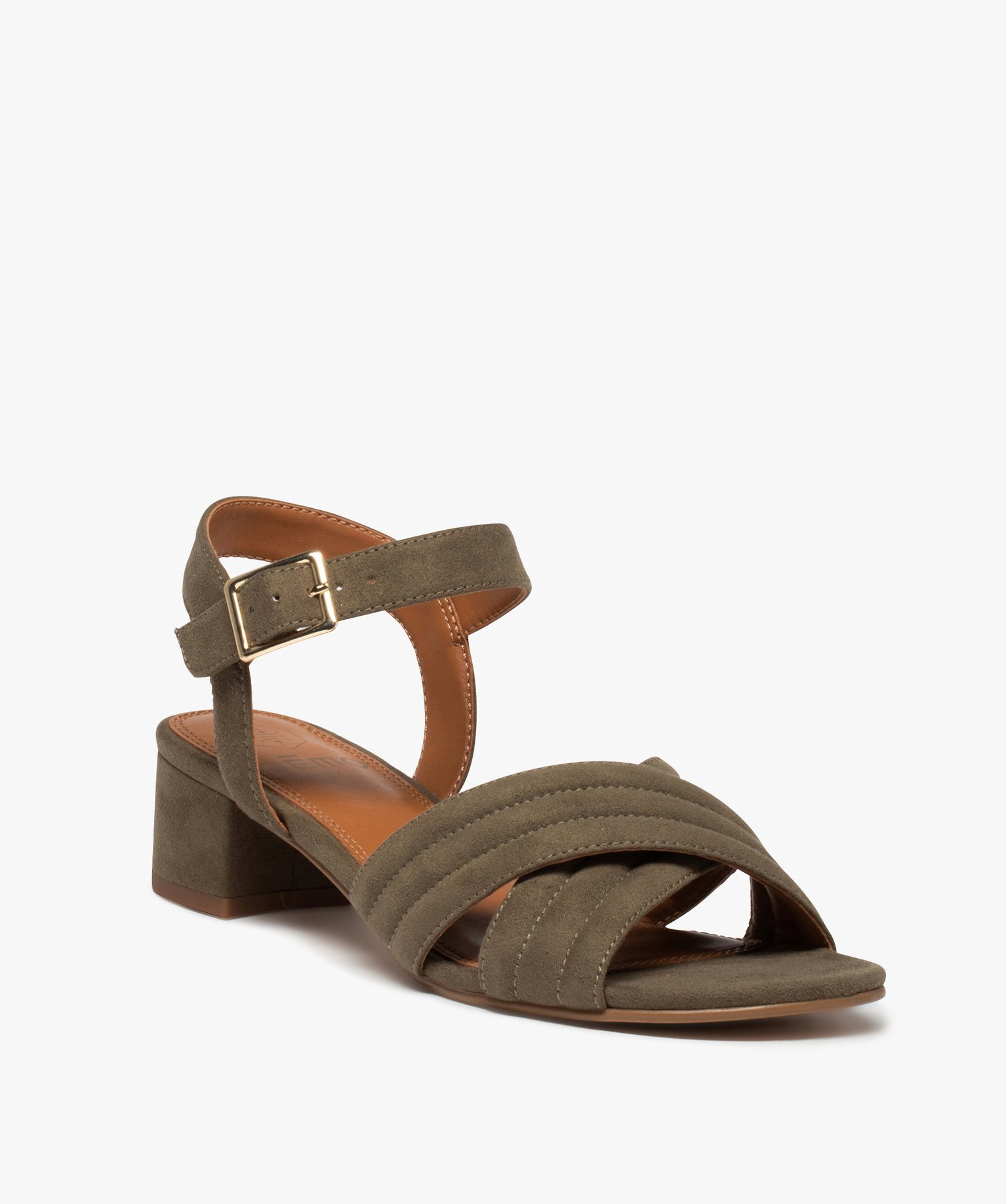 Sandales femme à brides matelassées en suédine et petit t... kaki | GEMO