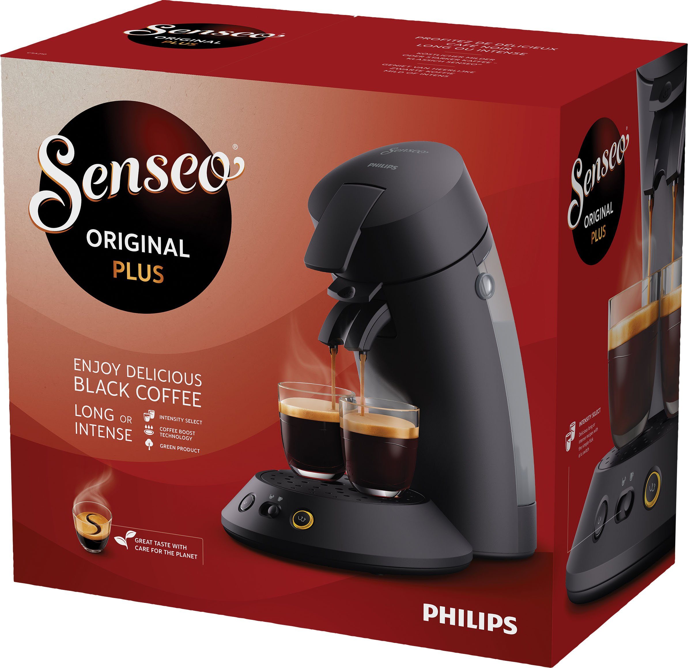 Philips Senseo Kaffeepadmaschine Original Plus CSA 210/60, aus 28% recyceltem Plastik und mit 2 Kaffeespezialitäten, mattschwarz