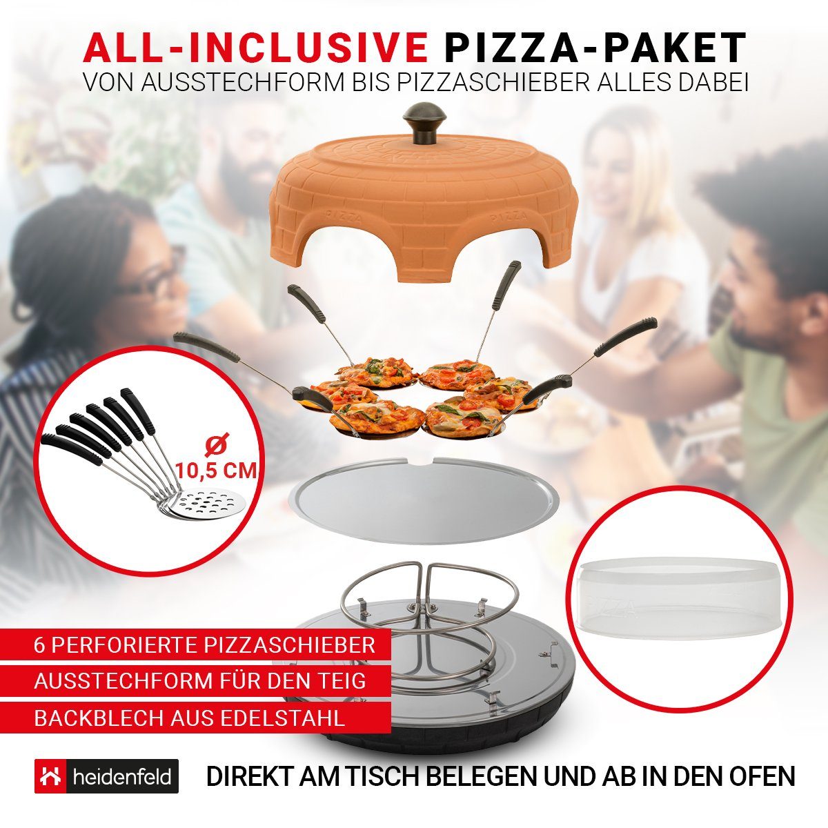 Heidenfeld Pizzaofen Mini Pizzaofen Pizzachef für 6 Personen inkl. Pizzaschieber Raclette, 1100 W Pizzamaker - Dual-M-Heizstab - Abdeckung Terracotta Pizza Ofen