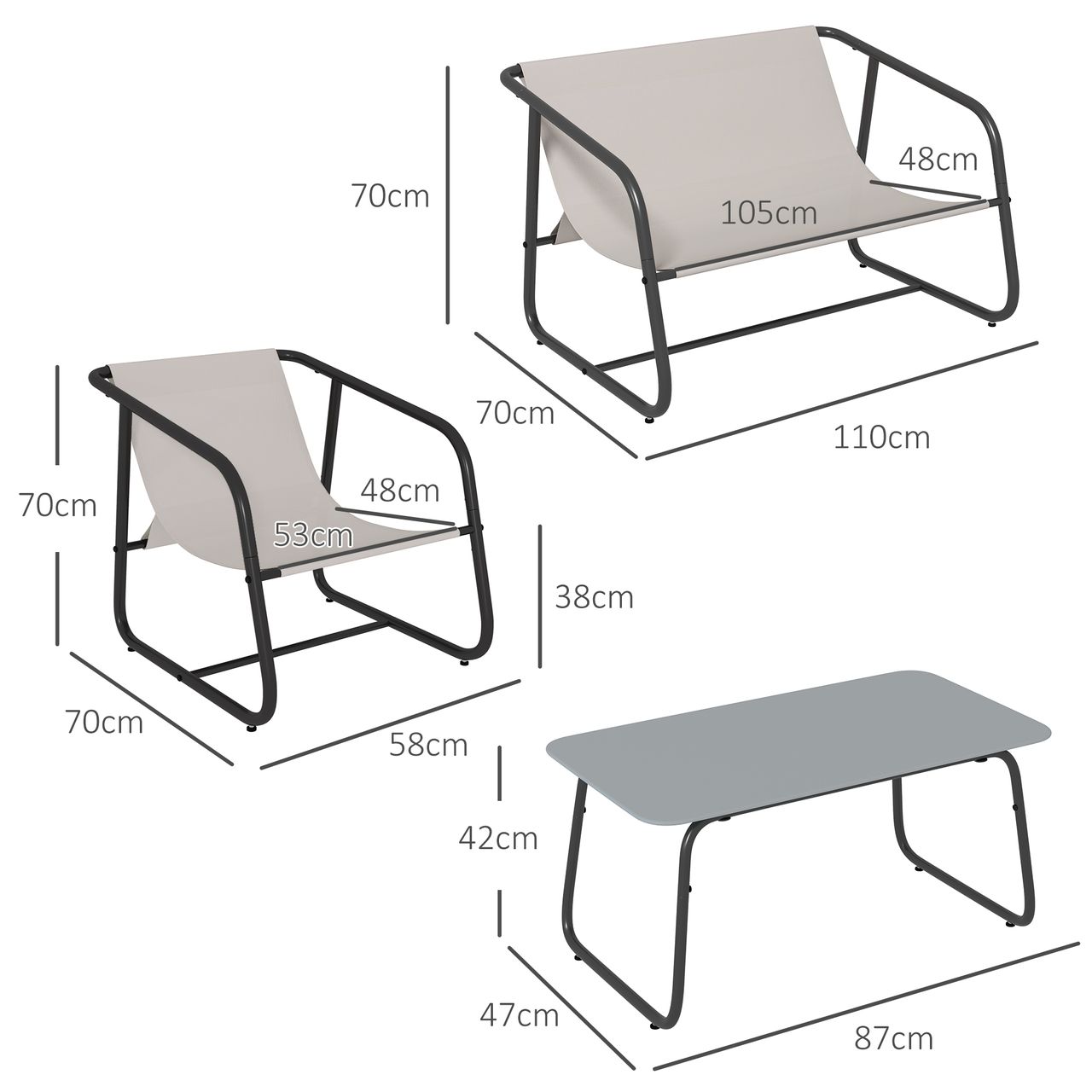 Outsunny 4-tlg. Gartenmöbel-Set Sitzgruppe mit 2 Sesseln Zweisitzer  Couchtisch