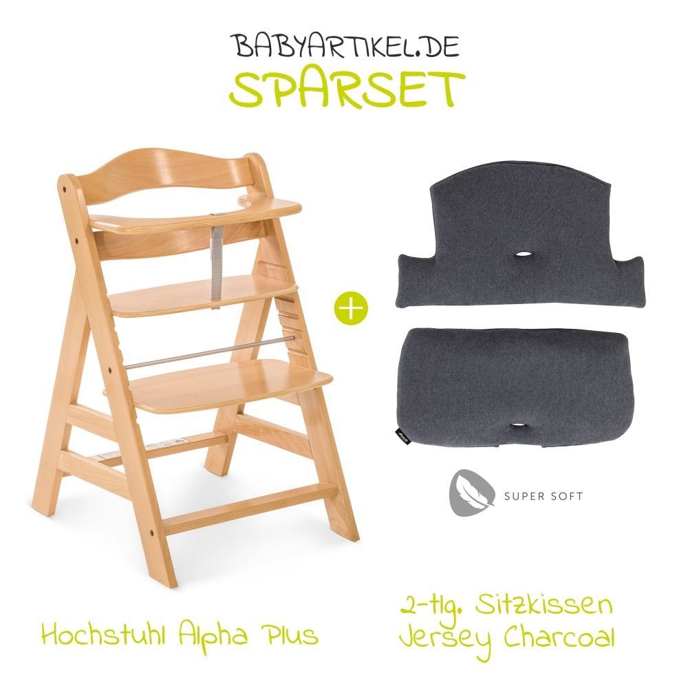 Hauck Hochstuhl Alpha Plus Natur (Set), Mitwachsender Holz Kinderhochstuhl mit Sitzauflage höhenverstellbar