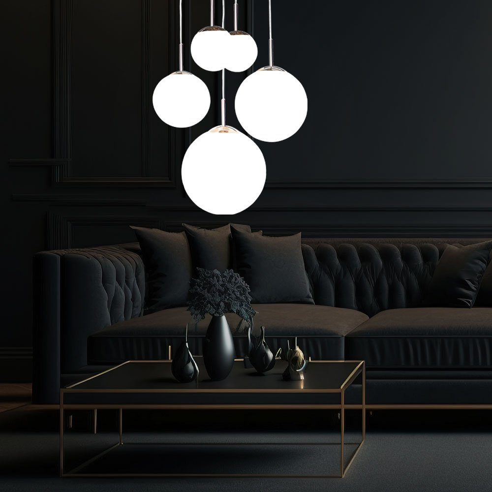 Globo Kugelleuchte, Leuchtmittel nicht inklusive, Hängeleuchte Wohnzimmerlampe 5-flammig Glas Schirm Kugel silber H 90cm