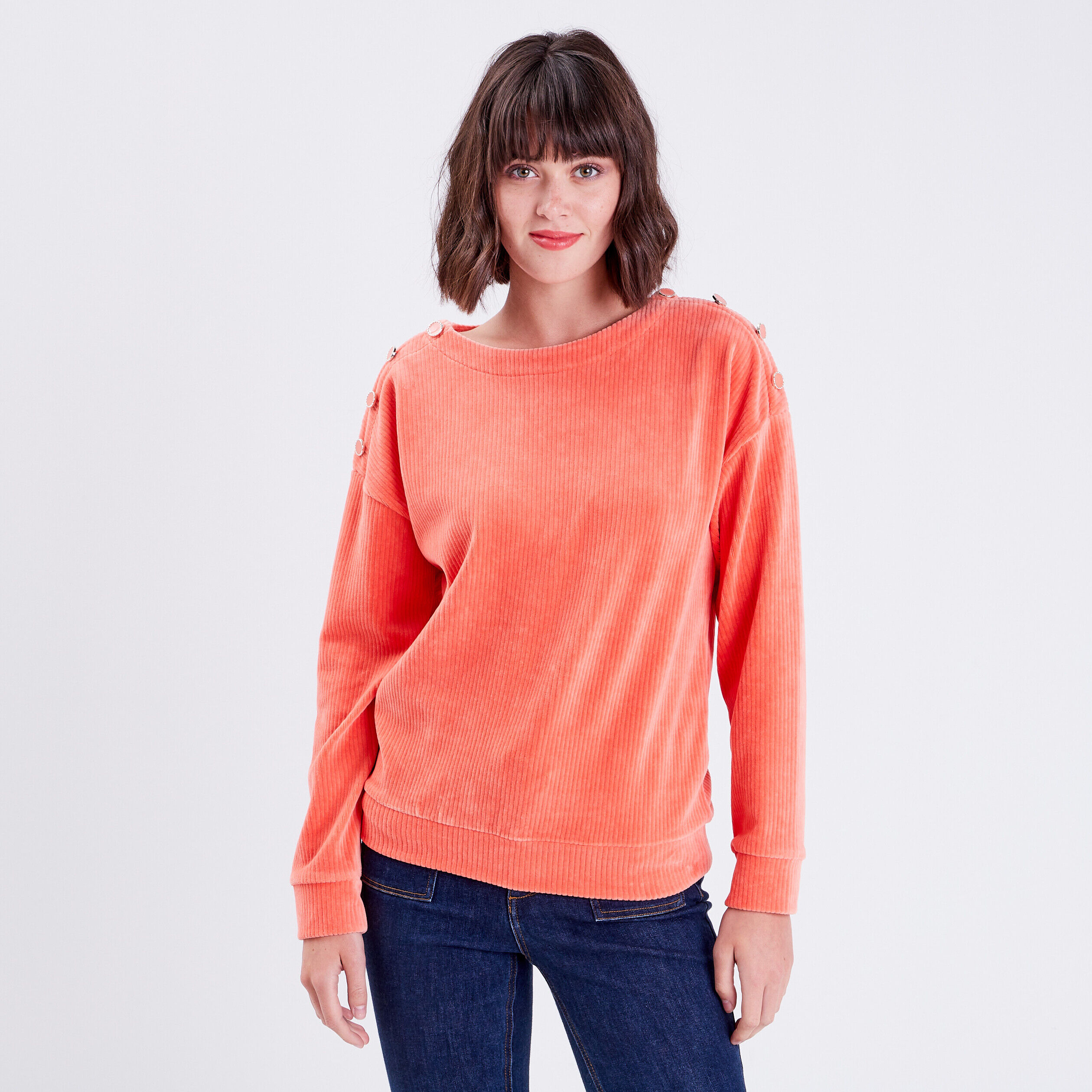 Sweat manches longues velours orange corail femme | Cache Cache