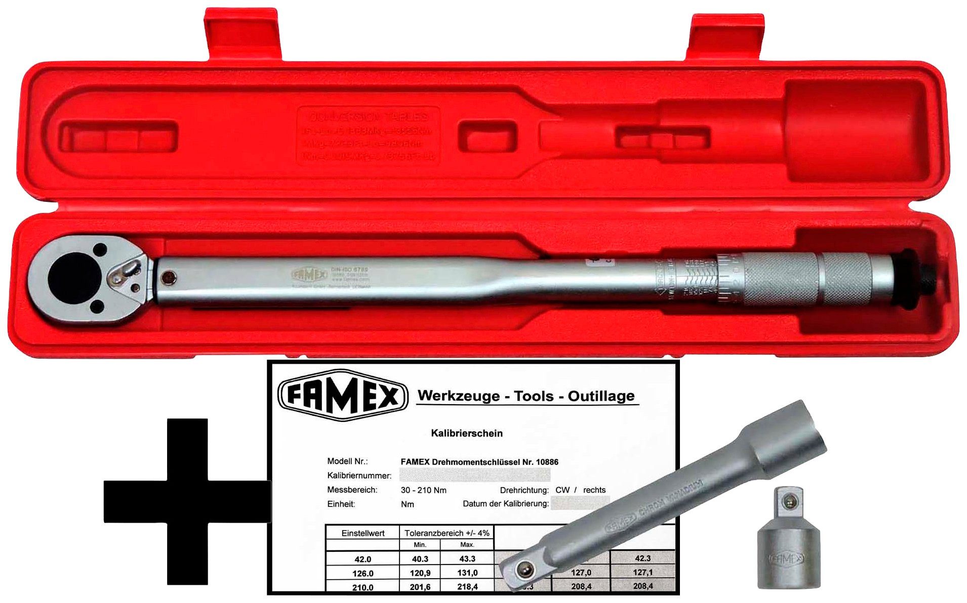 FAMEX Drehmomentschlüssel 10886-3N (mit Spezial-Einsätzen für Radschrauben), 30-210 Nm, mit Kalibrierschein