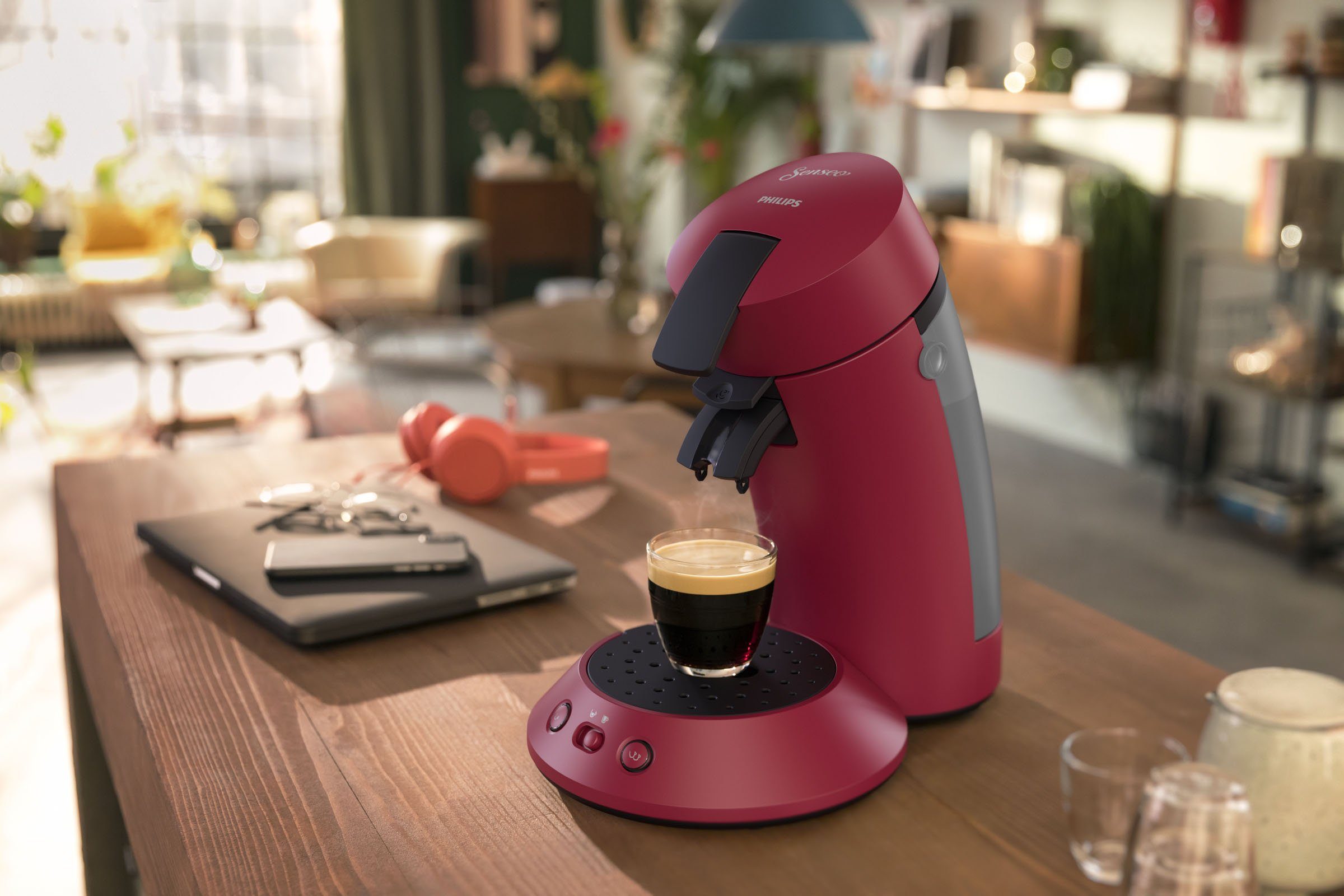 Philips Senseo Kaffeepadmaschine Orginal Plus CSA210/90, aus 28% recyceltem Plastik und mit 2 Kaffeespezialitäten, dunkelrot