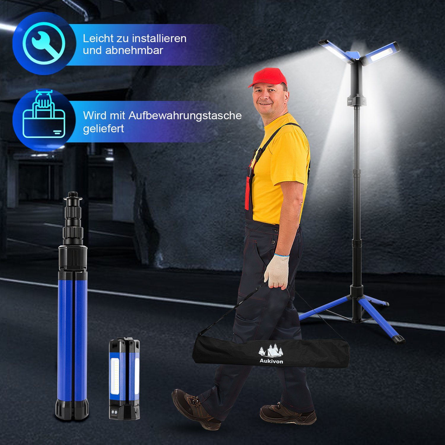 Yakimz Baustrahler LED Akku Fluter Aufladbar Camping Baustrahler abnehmbarem Dimmbar