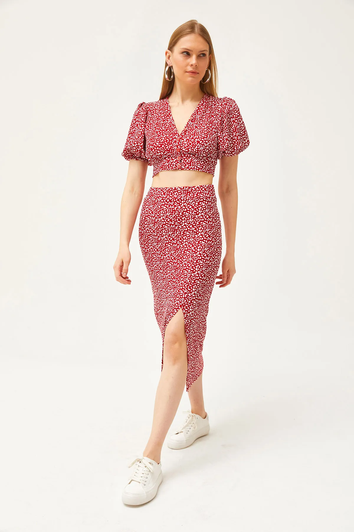 Olalook  Rotes Damen-Set mit Oberteil, Bluse und Schlitz, TKM-19000263