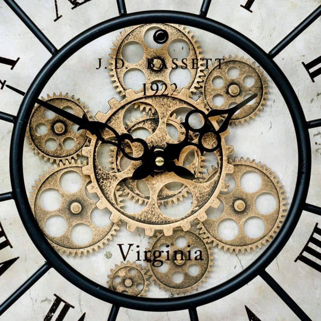 K&L Wall Art Wanduhr Metall Wanduhr 46cm groß Vintage Uhr rotierende goldene Zahnräder (Antik römische Ziffern Uhrwerk leise)