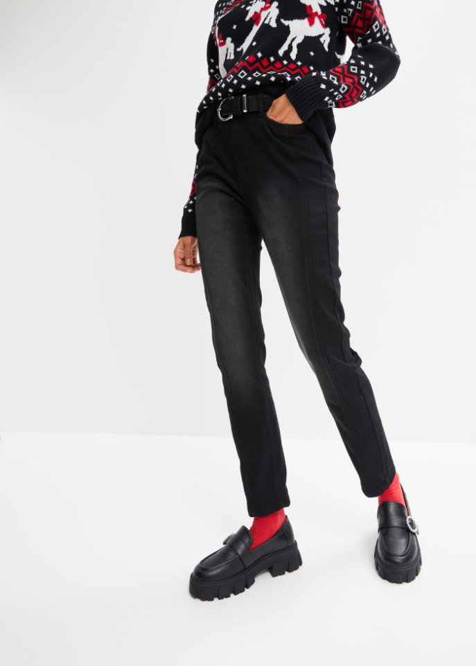 Verkürzte Thermojeans mit geradem Bein und High-Waist-Bequembund, knöchellang