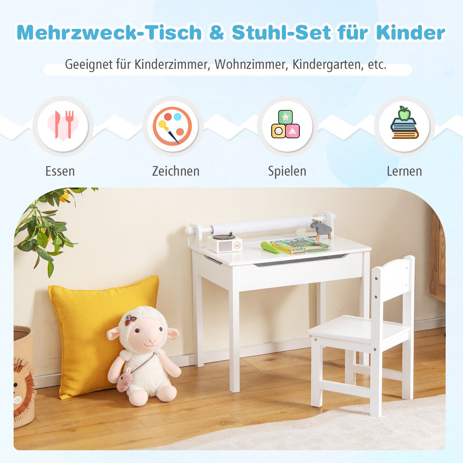 COSTWAY Kinderschreibtisch, mit Papierrollenhalter & Stuhl