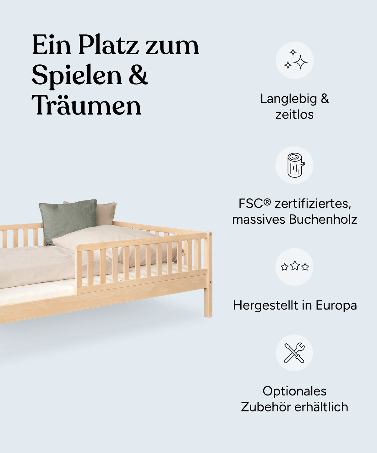 Kinderbett Buche 120 × 200 Natur