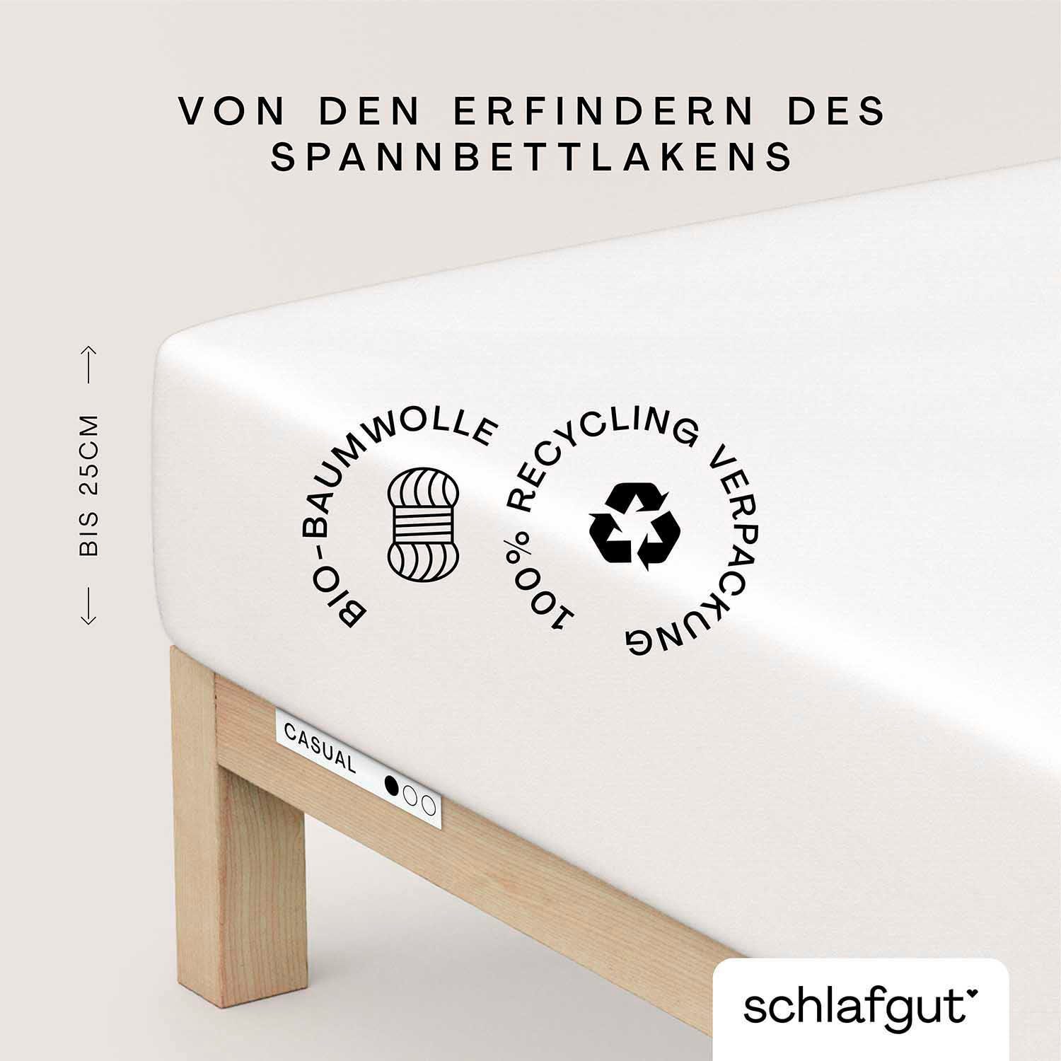 Spannbettlaken CASUAL u.a. in Gr. 90x200, 140x200 oder 180x200 cm, 100% Bio-Baumwolle, Schlafgut, Jersey, Gummizug: rundum, (1 Stück), Bettlaken für Matratzen bis 25 cm Höhe, zuverlässig, langlebig, weich