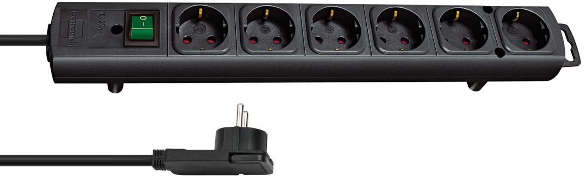 „Brennenstuhl 1153300100 Comfort-Line Plus“ ilgintuvas su plokščiu kištuku, 6 kontaktų, juodas, 2 m, H05VV-F 3G1.5