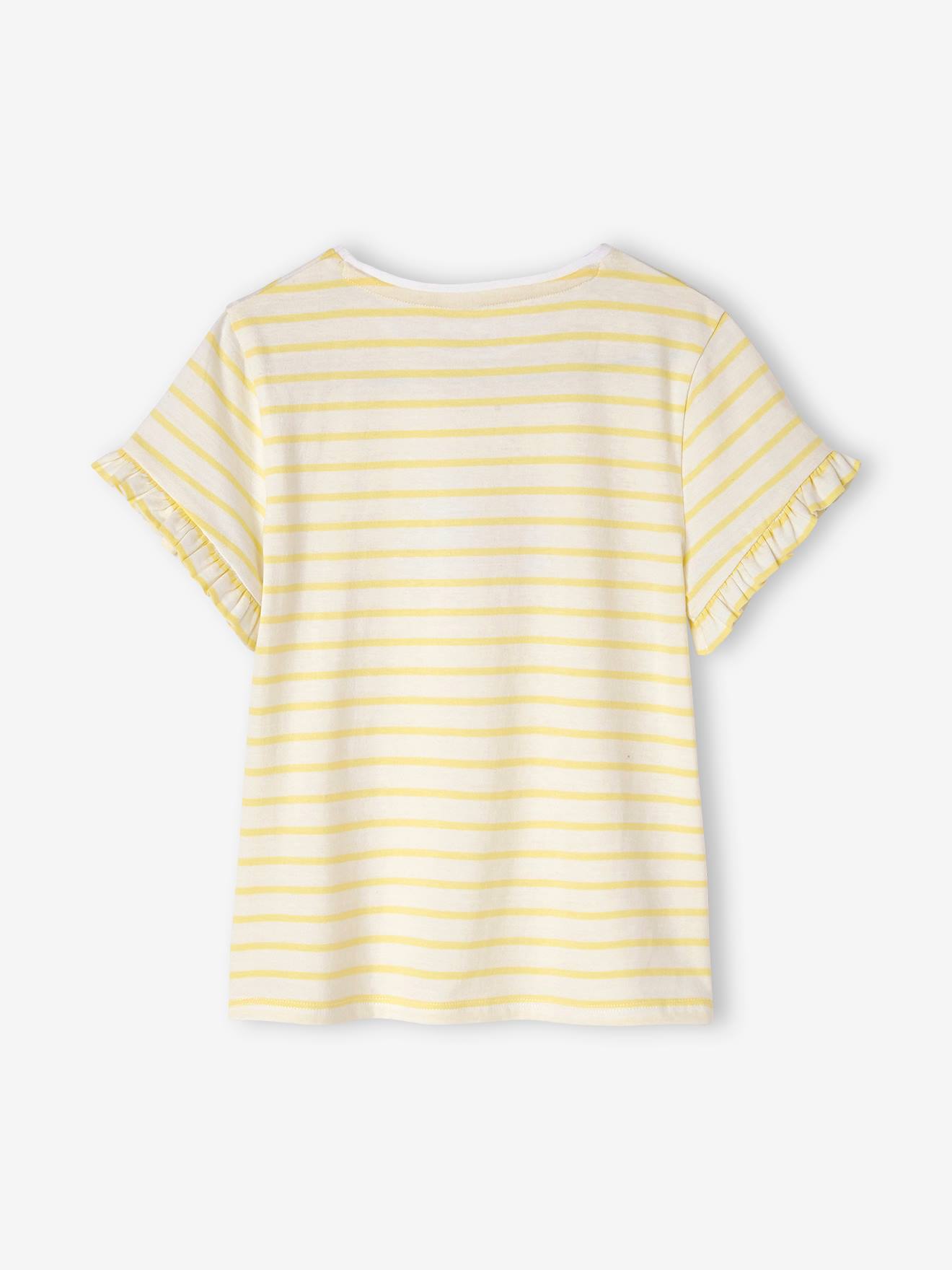 T-shirt rayé fille manches courtes volantées écru