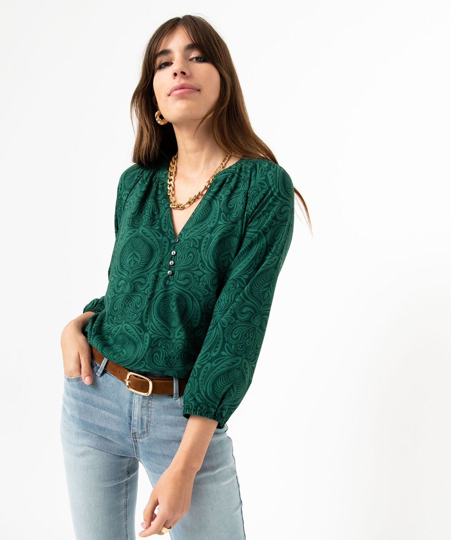 Blouse fluide imprimée à manches 3/4 femme imprime | GEMO