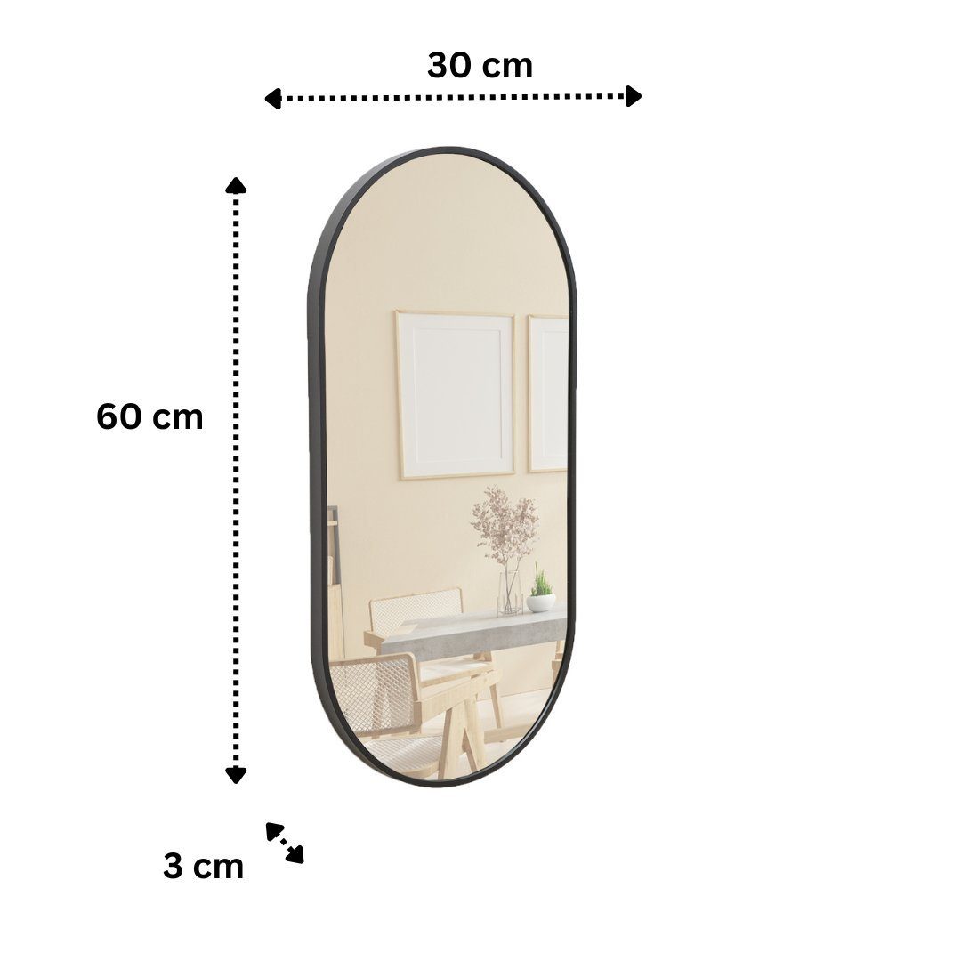 Terra Home Wandspiegel Spiegel Metallrahmen Schminkspiegel Oval (schwarz 60x30x3, inklusive Schrauben und Dübel), Badezimmerspiegel Flurspiegel