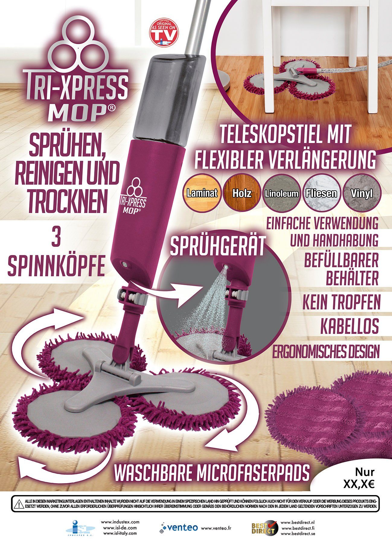 Best Direct® Sprühwischer Tri Xpress Mop® (5-tlg) 3-in1 Bodenwischer mit flexiblem Arm, 0,5 Liter Wassertank