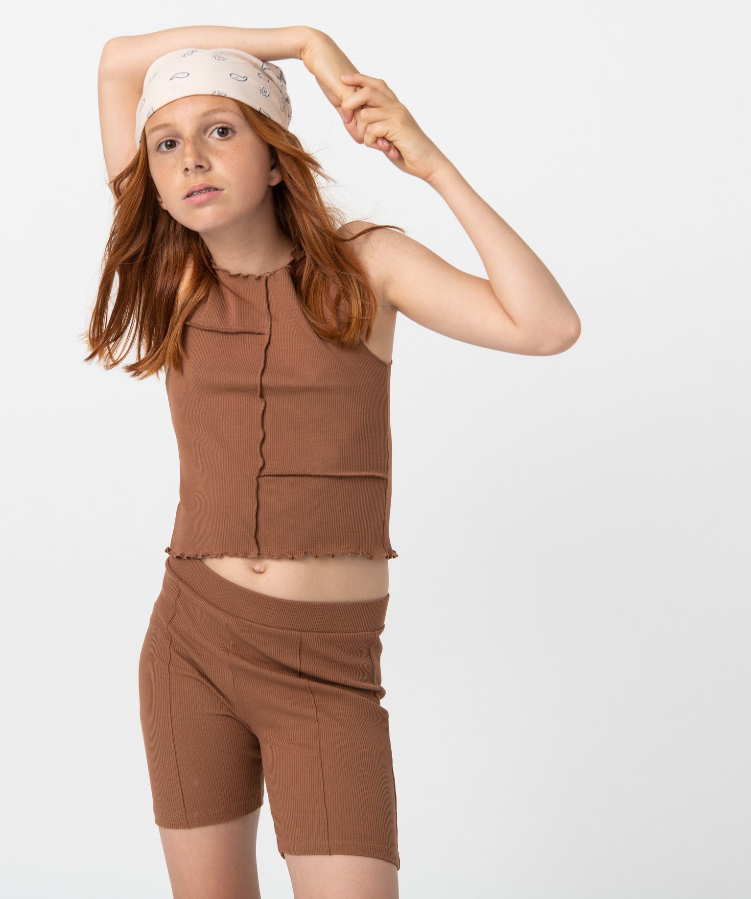 Short fille en maille ctelée avec surpiqres marron | GEMO