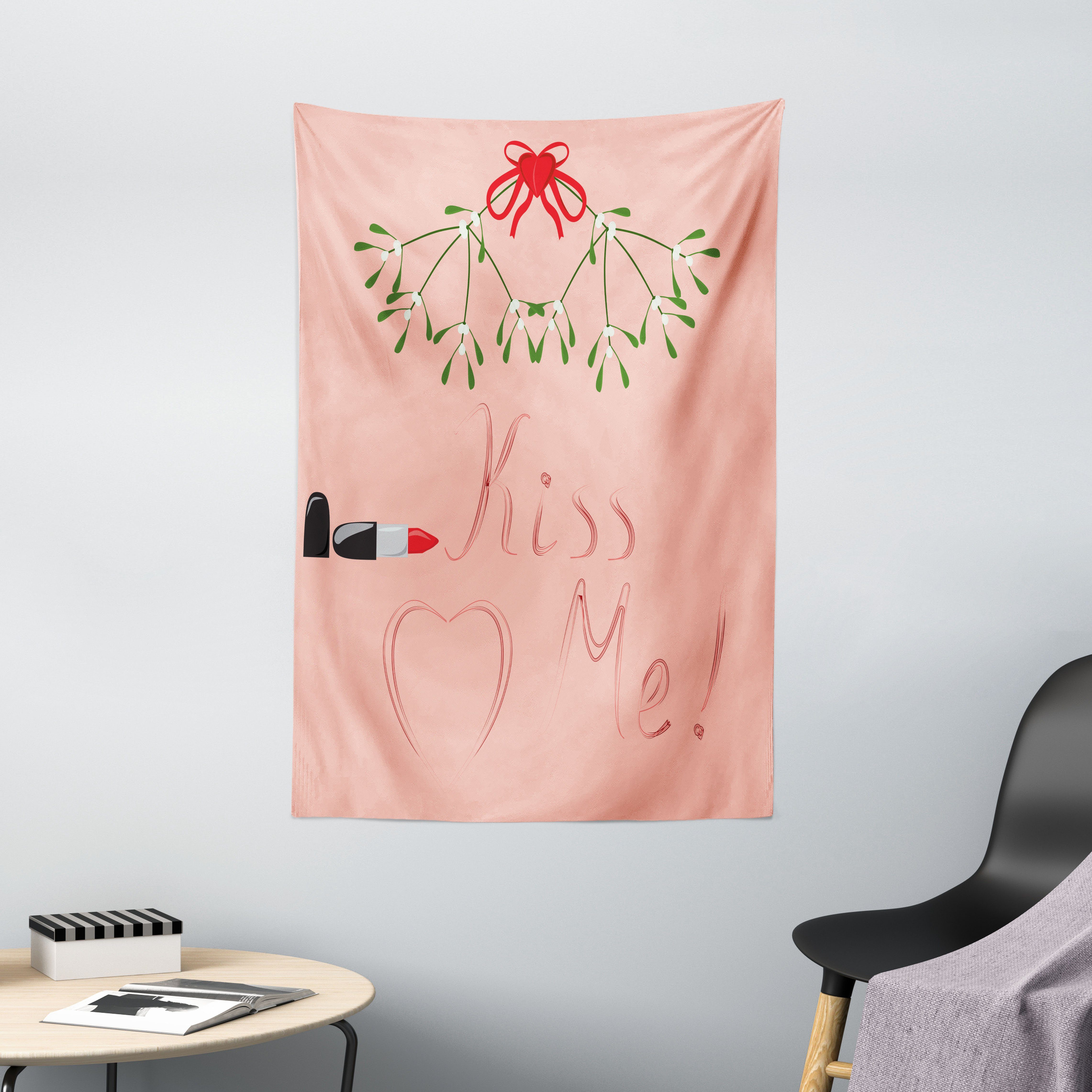 Wandteppich Wohnzimmer Schlafzimmer Wandtuch Seidiges Satin Wandteppich, Abakuhaus, rechteckig, Küss mich Romantisches Weihnachten