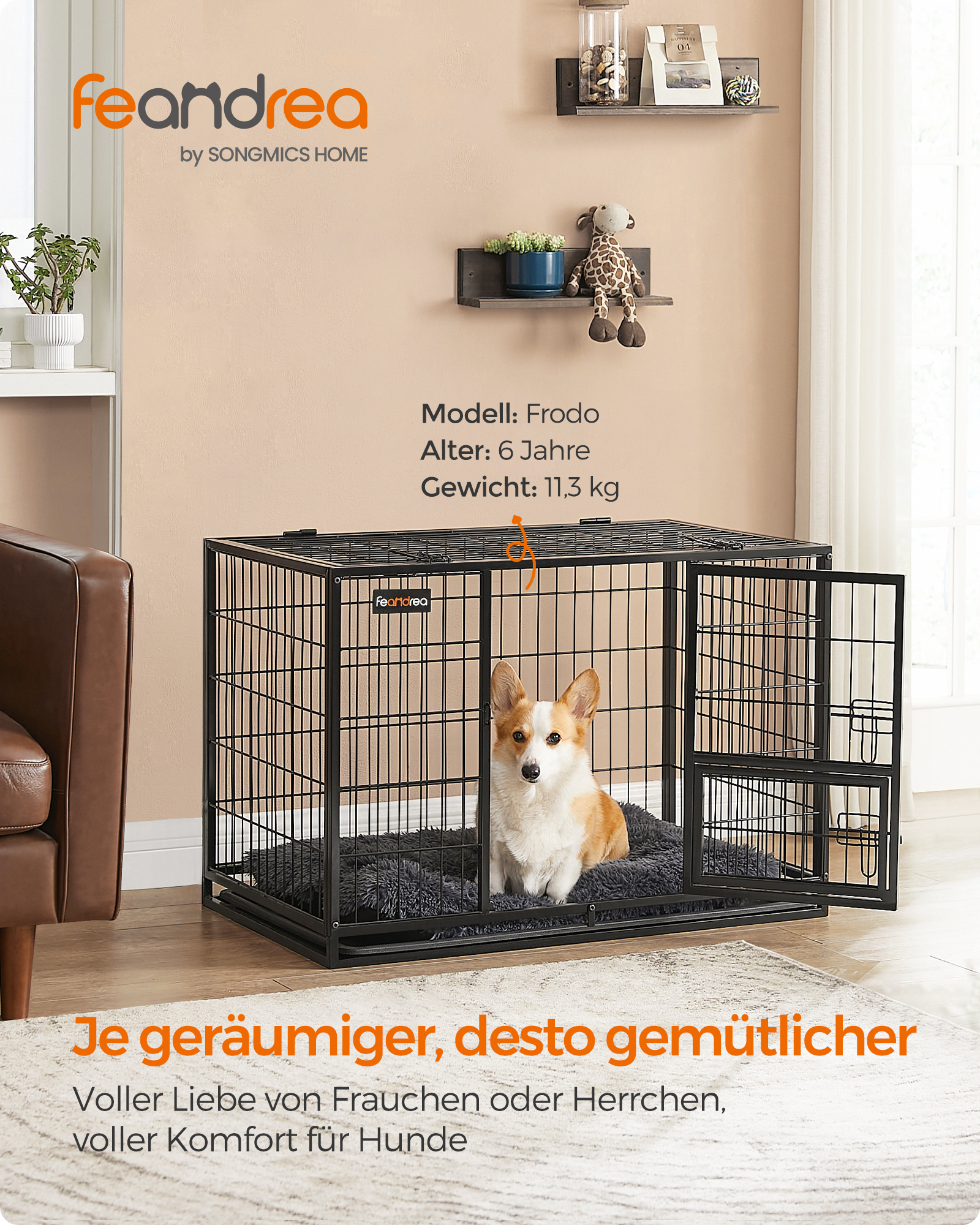 FEANDREA Erziehungshilfen FEANDREA L/XL Hundekäfig hochbelastbar 92,5 cm, 57,5 cm, 64 cm