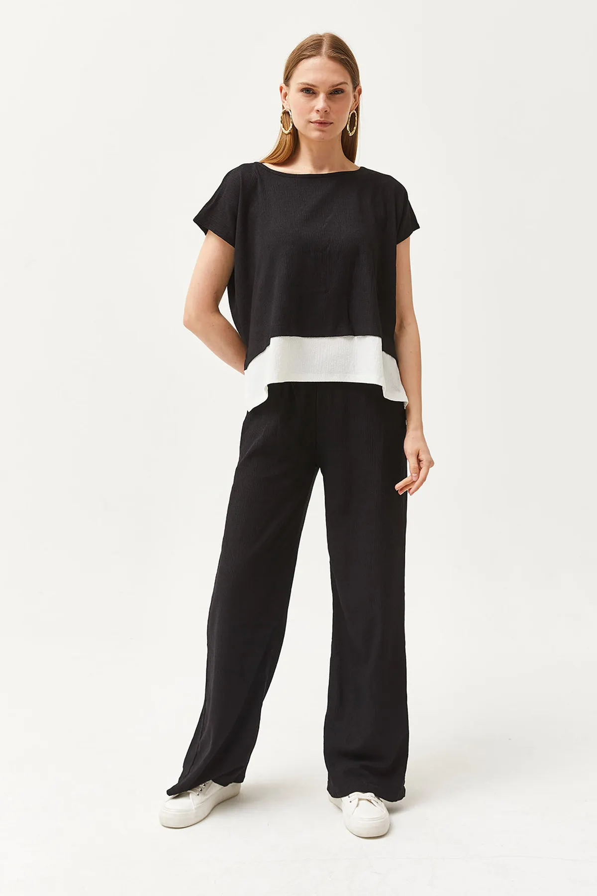 Olalook  Schwarzes Damen-Set aus Oberteil, Bluse und Hose, TKM-19000273