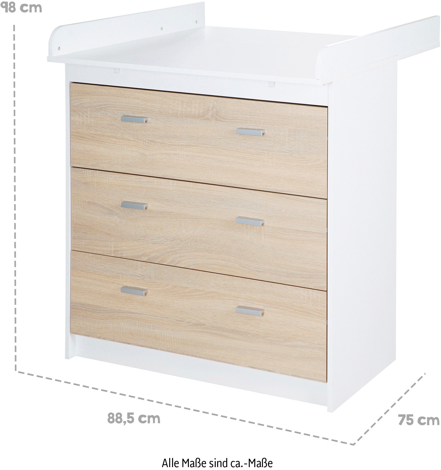 roba® Wickelkommode Gabriella, schmal, Weiß / Sonoma Eiche, Wickeltisch mit abnehmbarem Wickelansatz