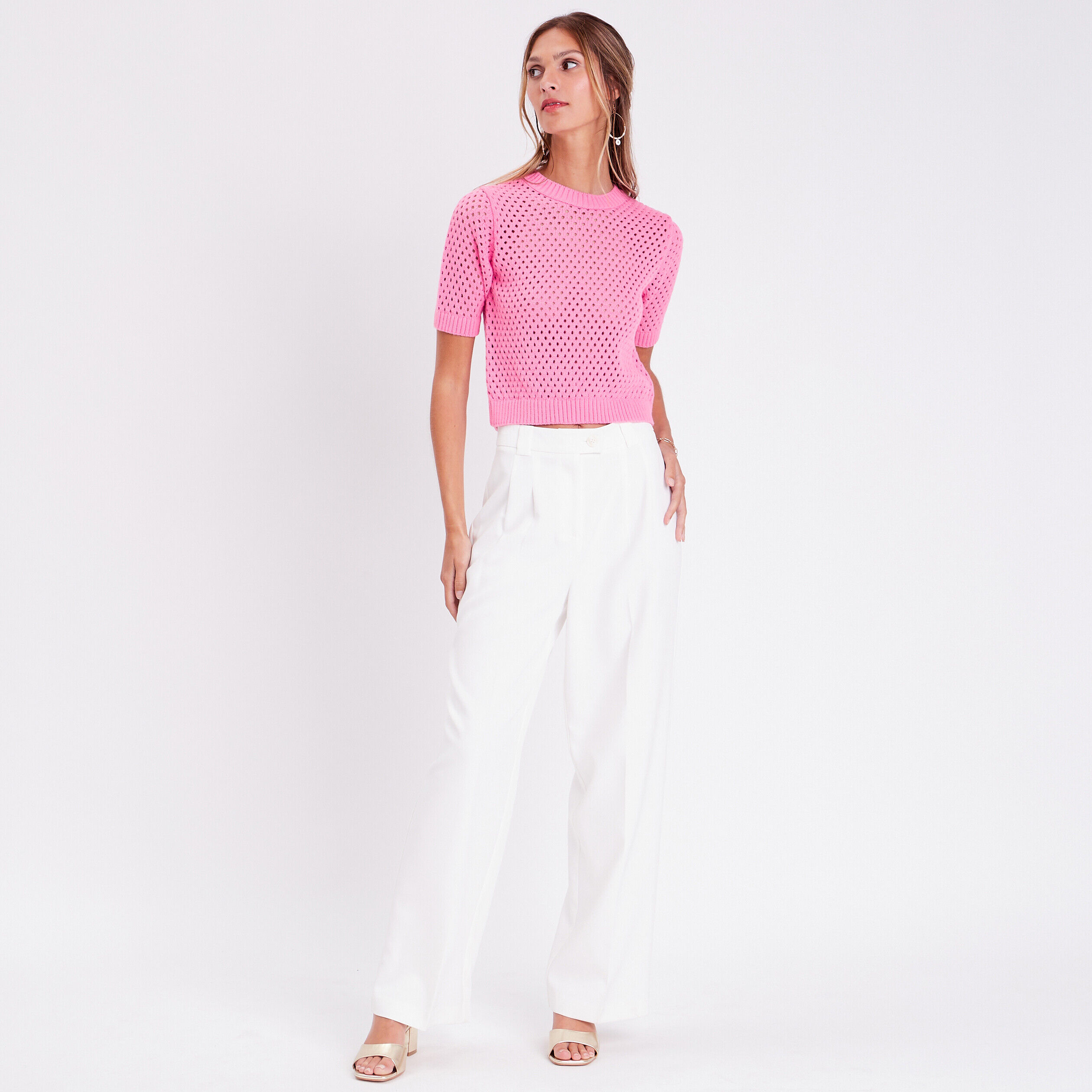 Pull manches courtes ajouré rose femme | Cache Cache