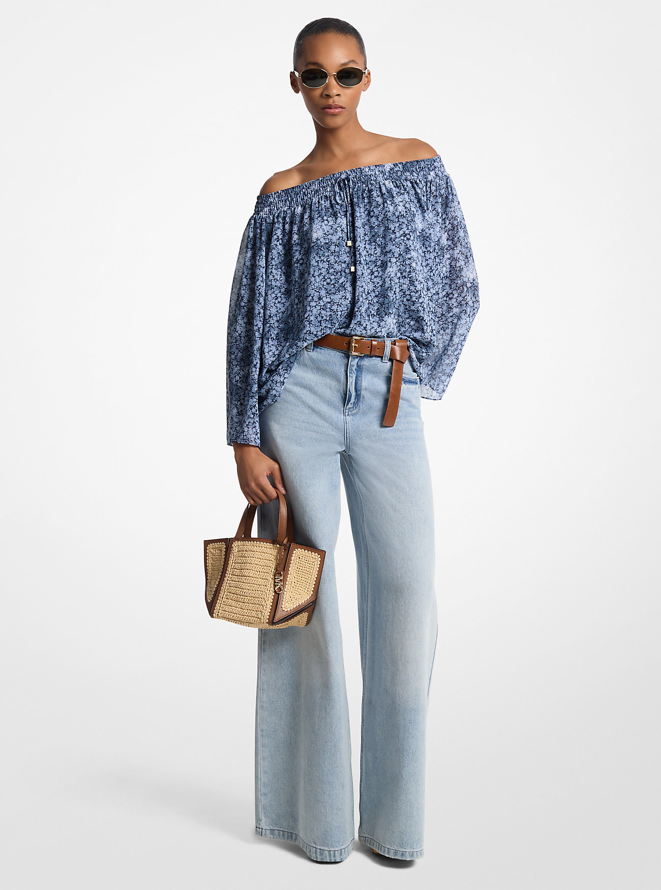 Tie-Dye blomsterprint Georgette-topp, vide denimjeans, Jordi-veske - MIDNIGHTBLUE