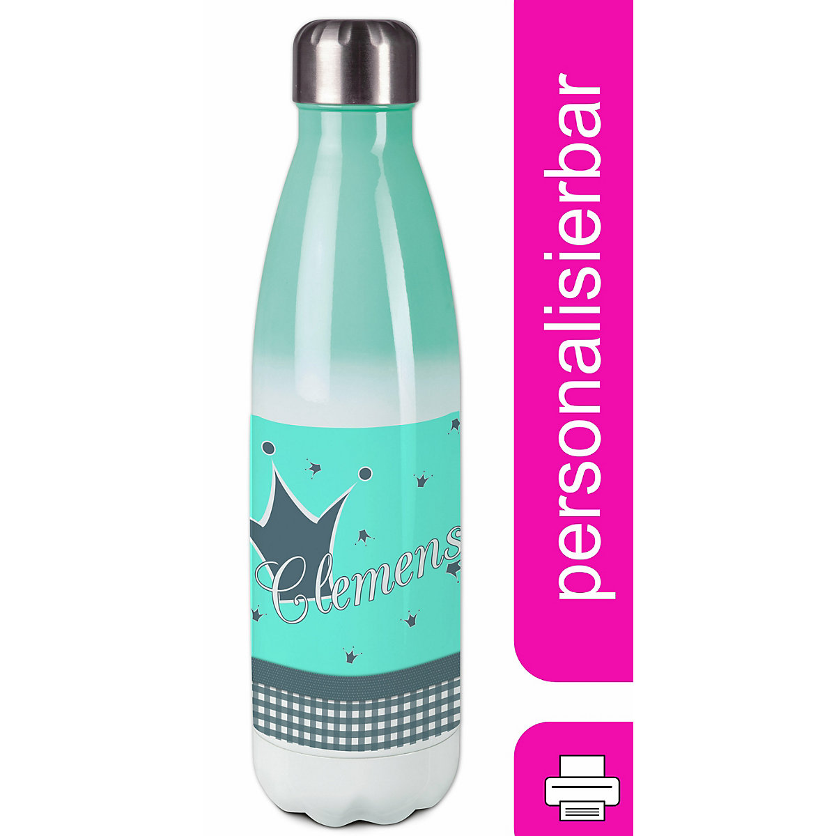 Edelstahl Kinder Thermoflasche / Trinkflasche bunt Krone Farbe türkis grau Spülmaschinenfest, Auslaufsicher, Bruchfest, Doppelwandig, Für Heißgetränke geeignet, Mit Deckel, Isoliert