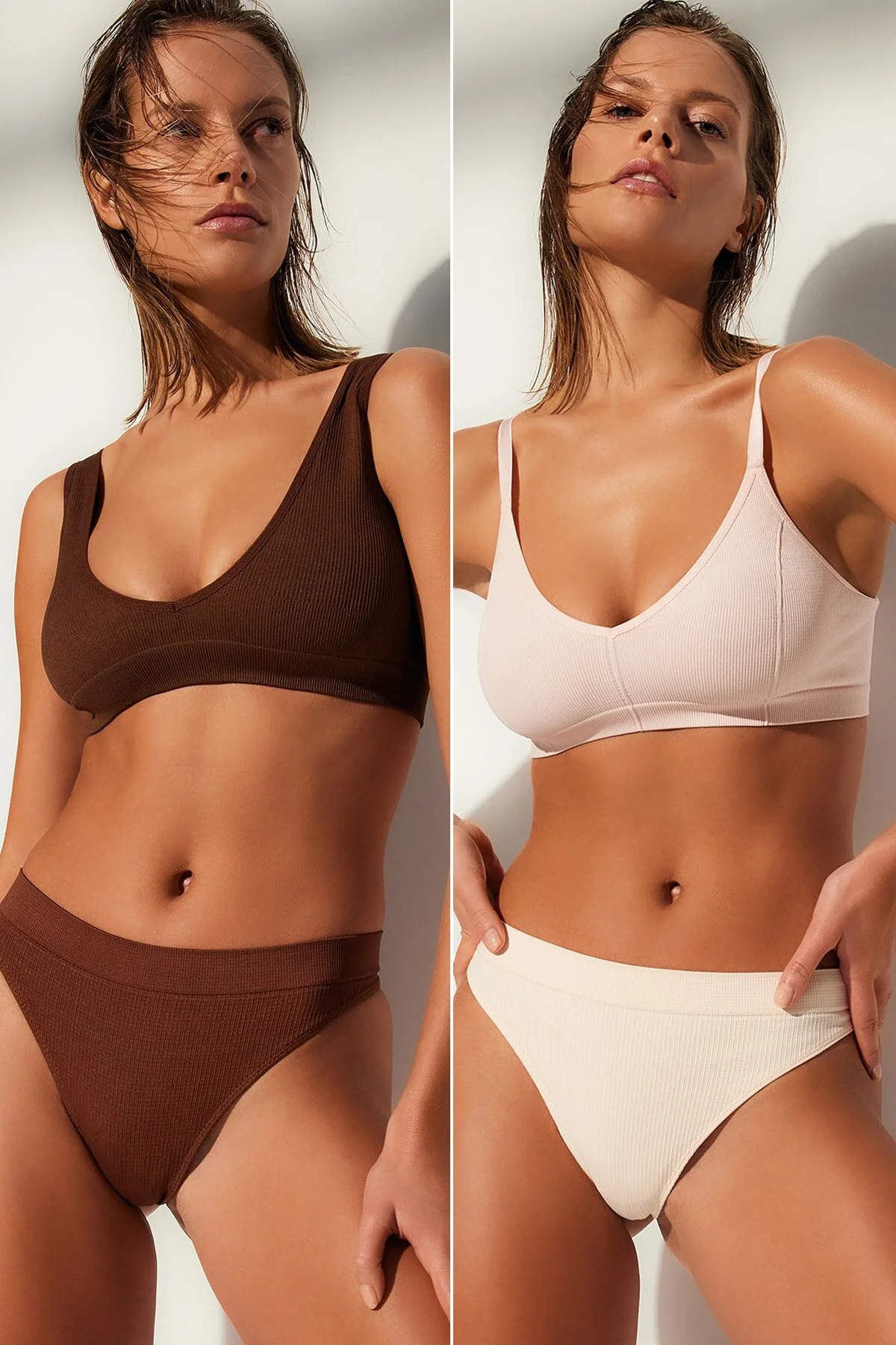 Trendyol Collection  Braun-Nude 2er-Pack nahtlose/nahtlose Tanga-Strickhöschen THMAW23KU00139