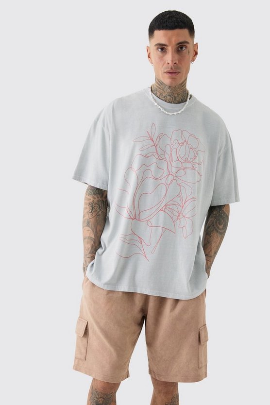 Tall graues Oversize T-Shirt mit floralem Print