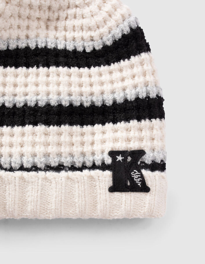 Bonnet écru tricot lurex à rayures fille