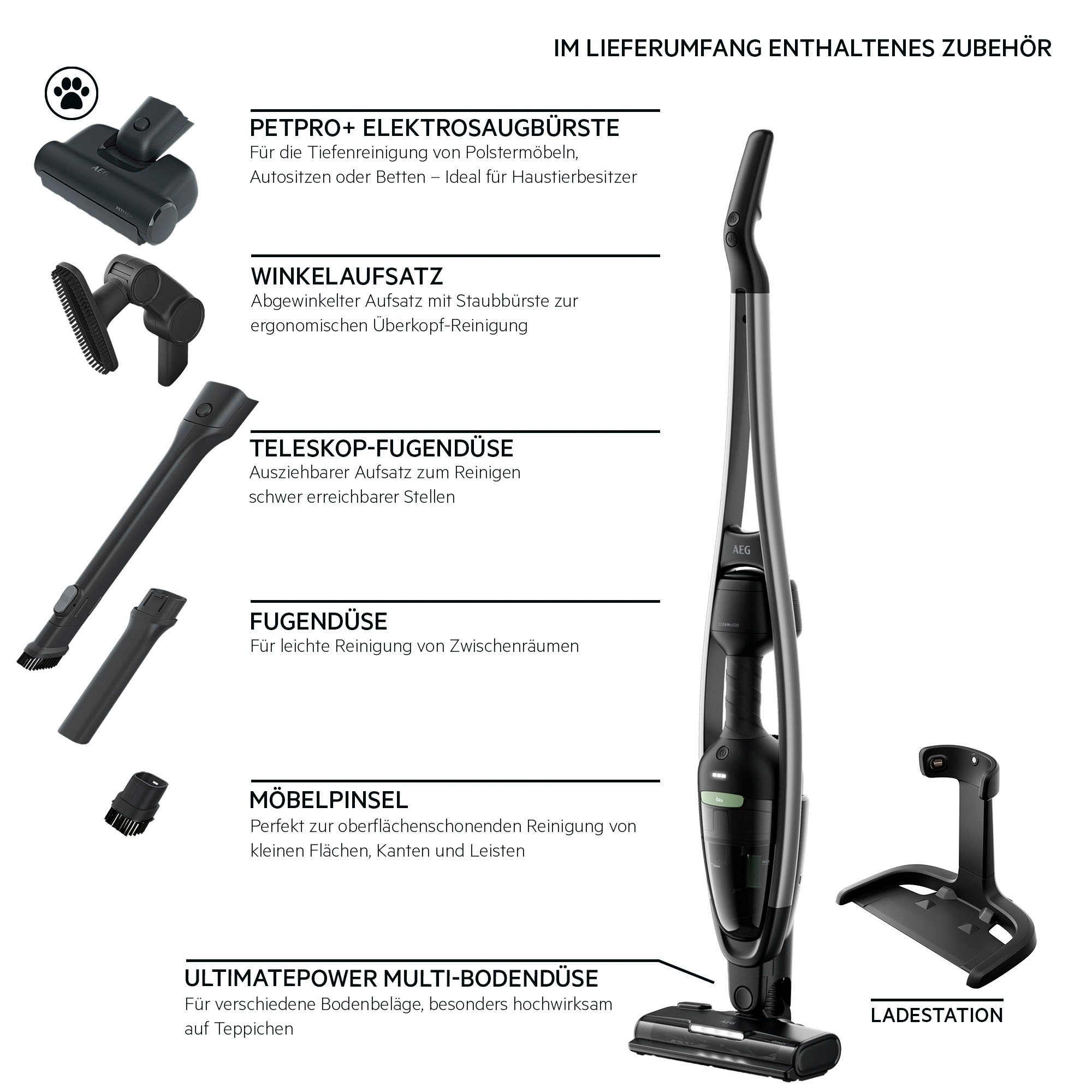 AEG Akku-Hand-und Stielstaubsauger CLEAN ÖKO 6000 (AS62B25ÖKO), beutellos, 2in1, leise 79dB(A), 47 % Recyclingmaterial, bis zu 55 Min. Laufzeit