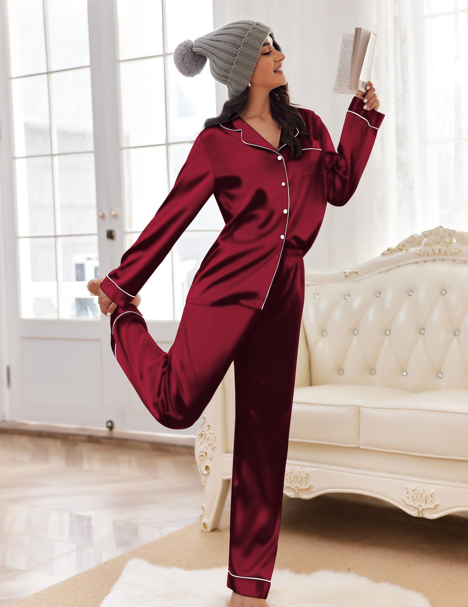 Sarfly Pyjama Satin Pyjama Damen Schlafanzug Langarm Pyjamas Set mit Knopfleiste Nachtwäsche V-Ausschnitt Zweiteiliger Pjs Sets