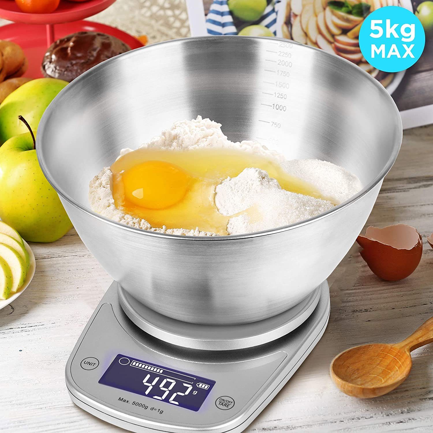 Duronic Küchenwaage, KS5000 SR/SS Küchenwaage, 5 kg Digitalwaage oval mit 2,5 L Schüssel