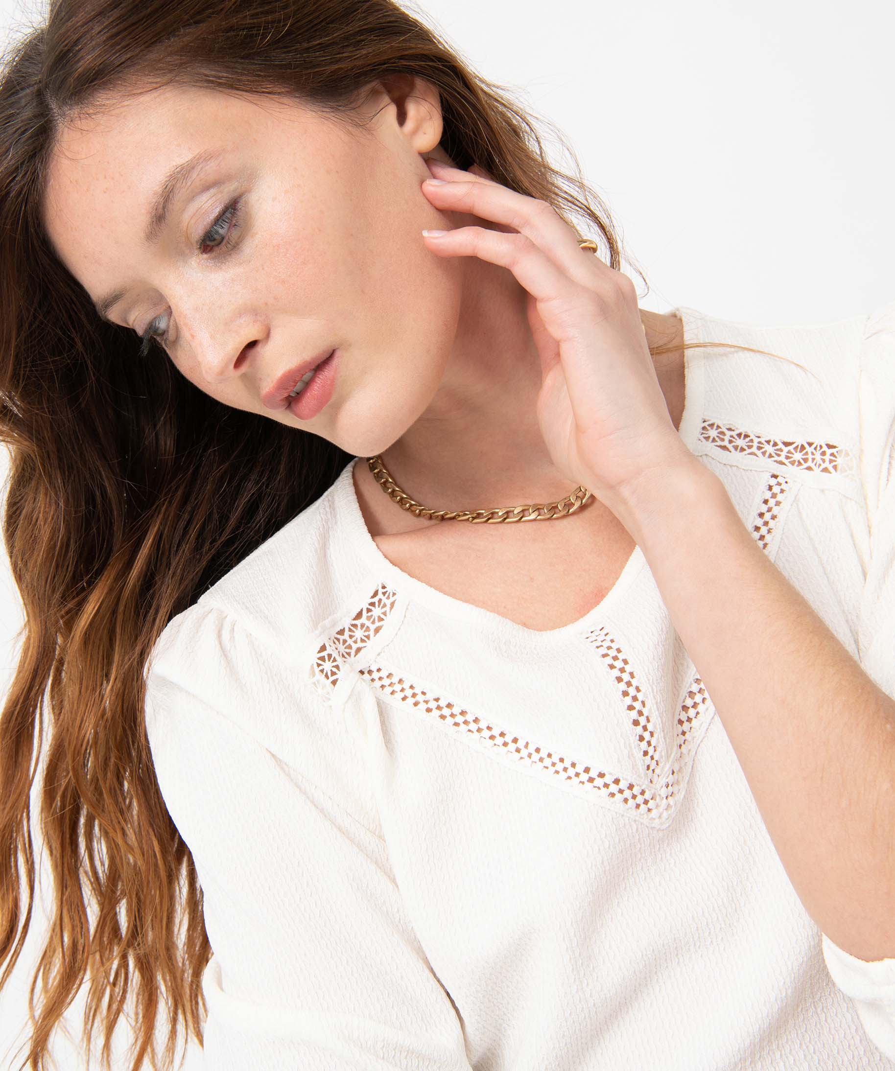 Tee-shirt femme à manches longues en maille texturée ecru | GEMO