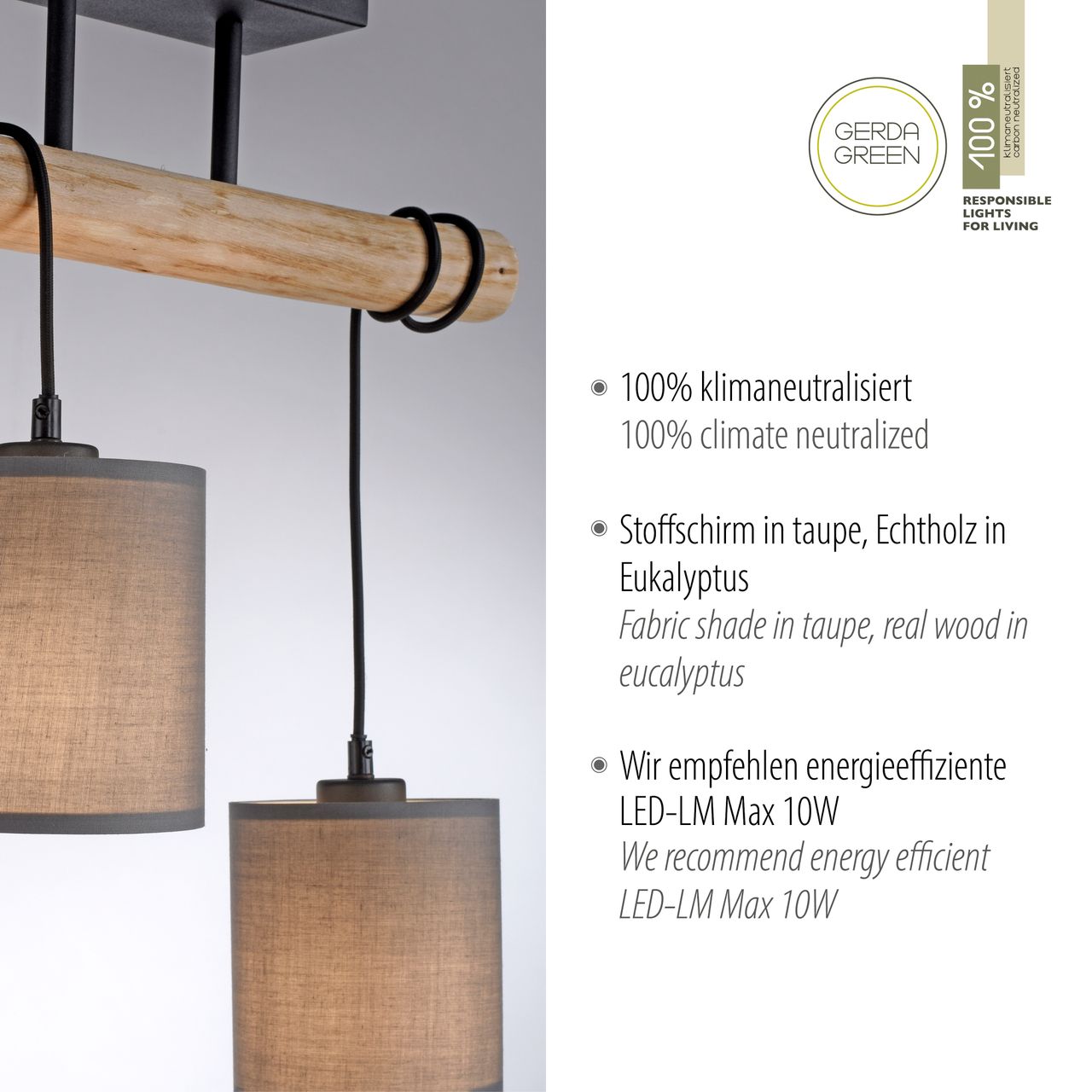 JUST LIGHT Deckenleuchte GREEN TRIBU, 2x E27/10,00Watt max., Eukalyptusholz, Taupe