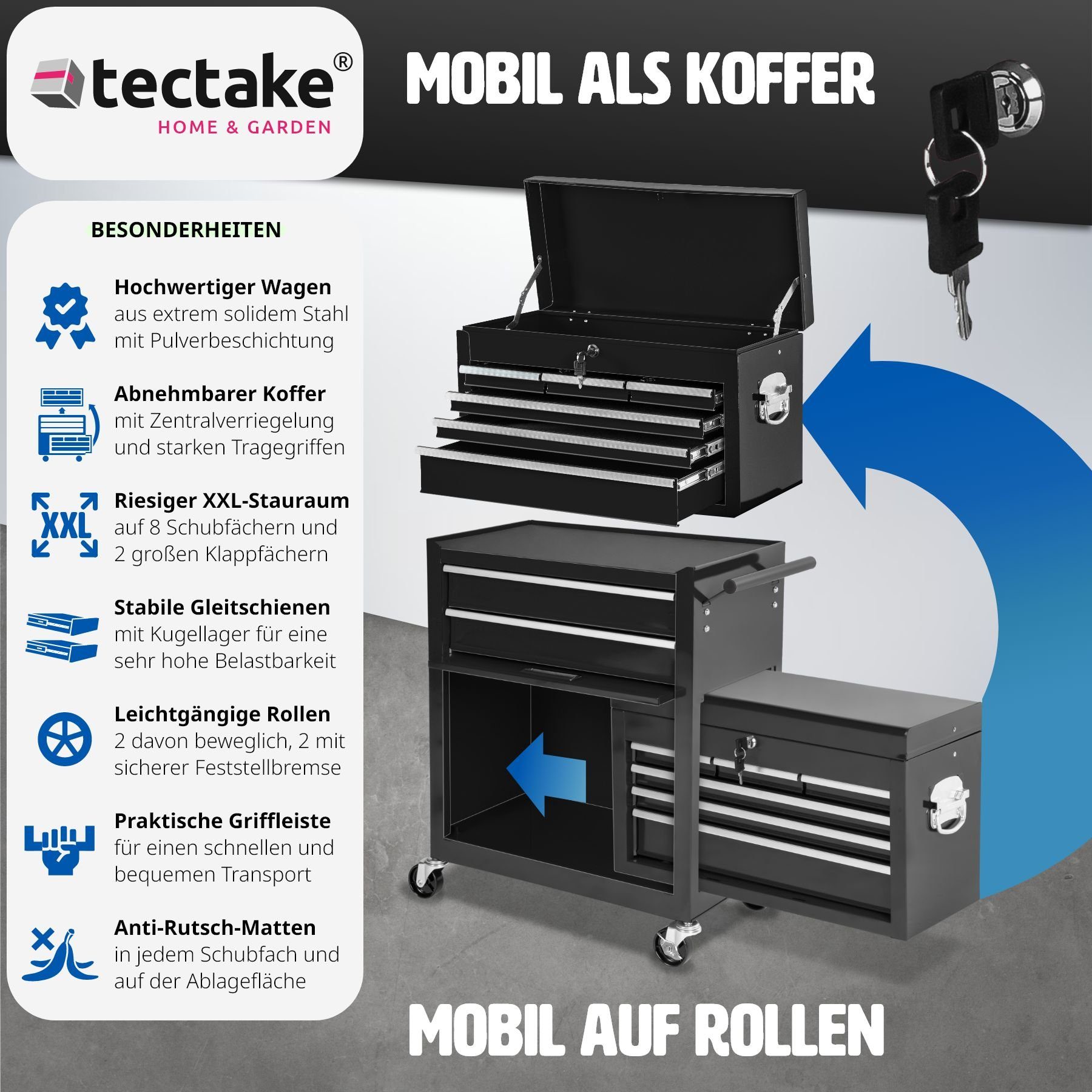 tectake Werkzeugwagen Werkzeugwagen mit 10 Fächern, schwarz