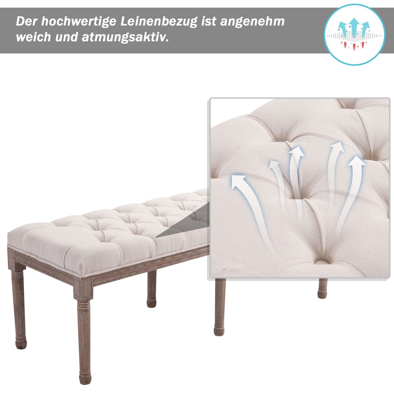 HOMCOM Polsterbank Sitzbank Lounge Sitzhocker Vintage Retro mit Knöpfen Leinen   Holz beige 142 x 47 x 51 cm