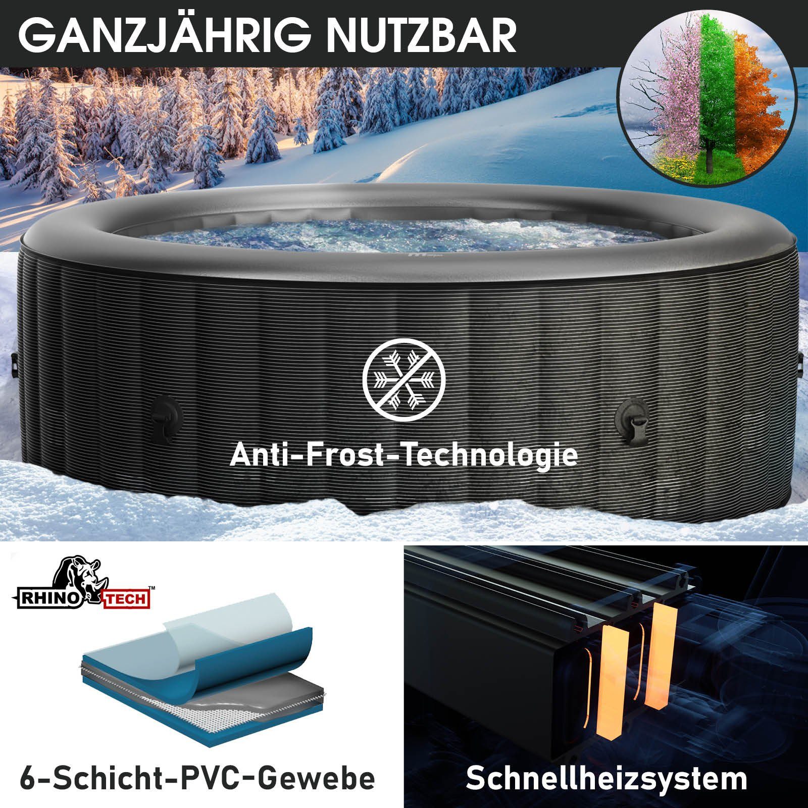 BRAST Whirlpool aufblasbar MSpa Starry mit LED-Beleuchtung für 6 Personen Ø204x70cm, (In- Outdoor Pool 138 Massagedüsen Energiespar-Timer Heizung), Aufblasfunktion per Knopfdruck Bubble Wellness Massage