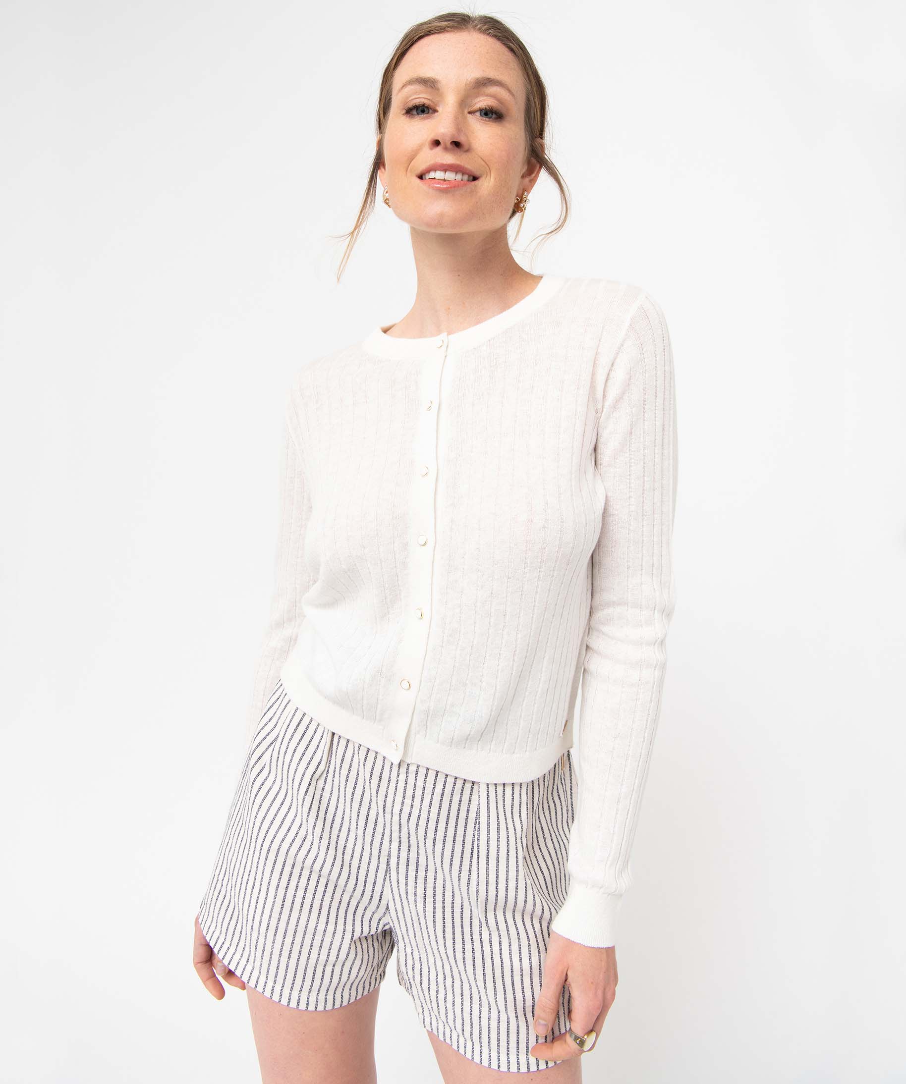 Gilet femme à col rond en maille ctelée - LuluCastagnette blanc | GEMO