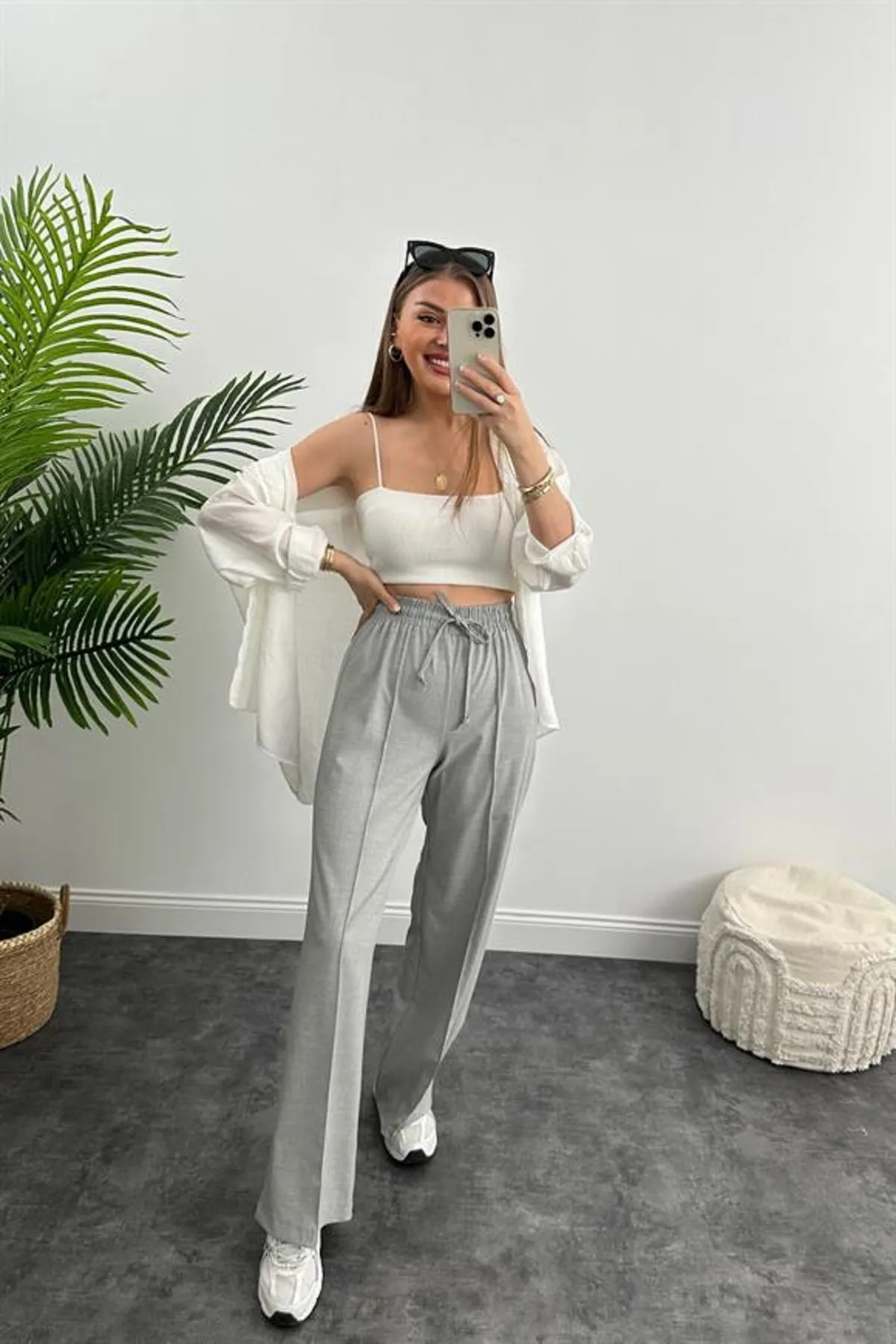 Laluvia  Hellgraue Hose mit hoher Taille und elastischem Bund vorne