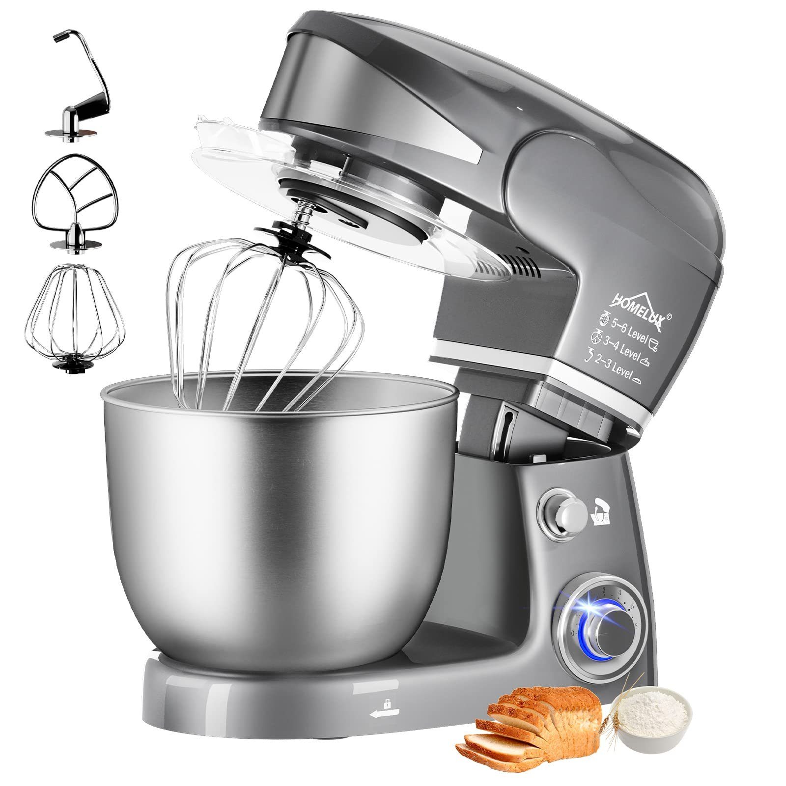 HOMELUX Küchenmaschine Multifunktional Knetmaschine mit 6 Geschwindigkeit, 2000,00 W, 5,00 l Schüssel, inkl 3-Teiligem Patisserie-Set und Spritzschutz, Edelstahlschüssel
