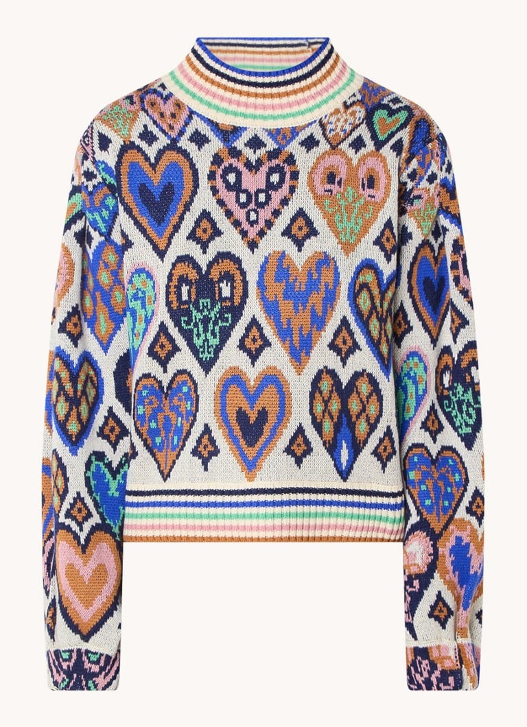 Pulover Farm Rio Hearts, tricotat fin, din amestec de lână merinos, cu model tricotat.