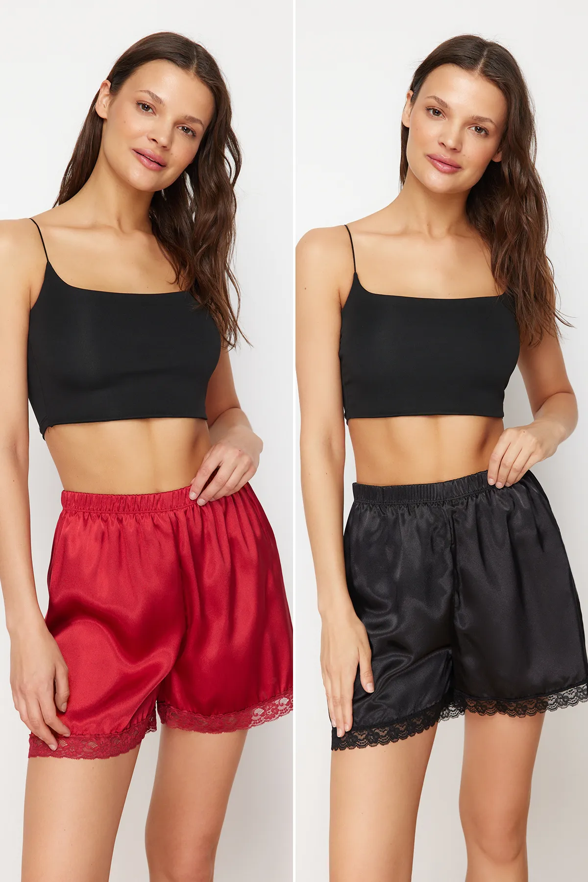 Trendyol Collection  Schwarz-rote Nachtwäsche-Höschen aus Satingewebe mit Spitzendetails im 2er-Pack THMSS24PJ00030
